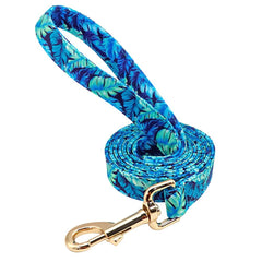 Personalized Engraved Handmade Dog Collar in Blue and Elegant Leaf Pattern, Trendy Style for All Seasons