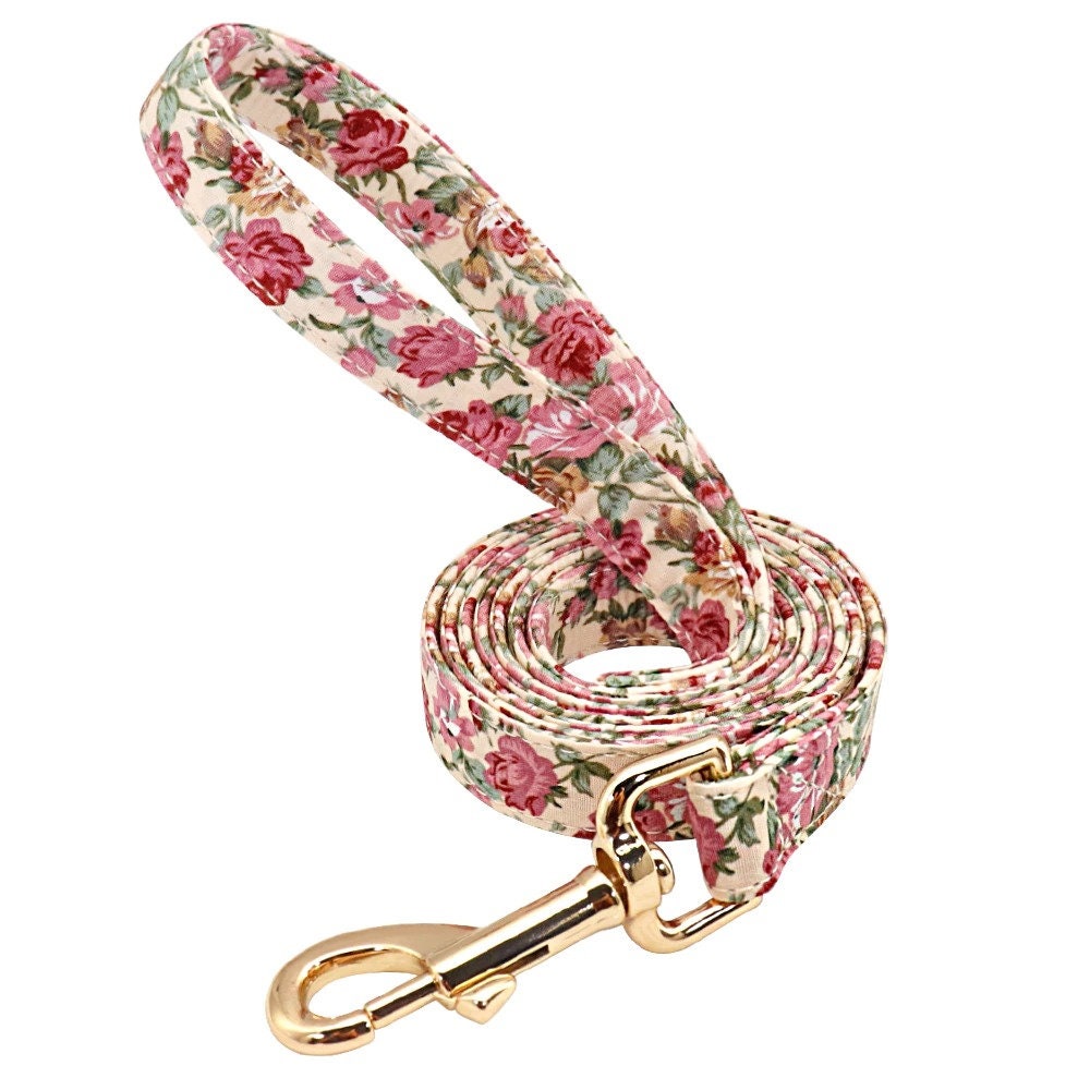 Personalized Engraved Handmade Dog Collar in Beige and Gorgeous Floral Pattern, Trendy Style for All Seasons