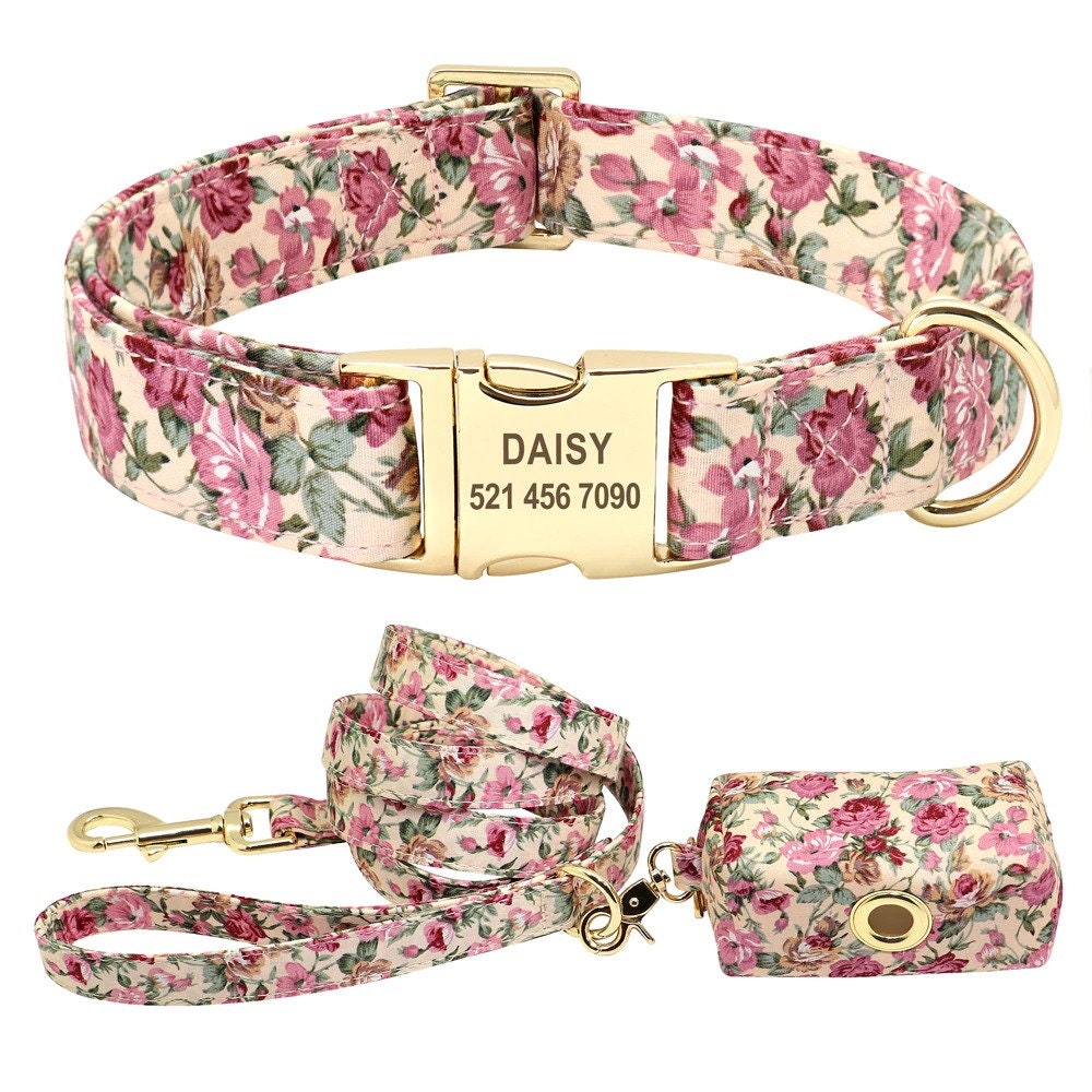 Personalized Engraved Handmade Dog Collar in Beige and Gorgeous Floral Pattern, Trendy Style for All Seasons