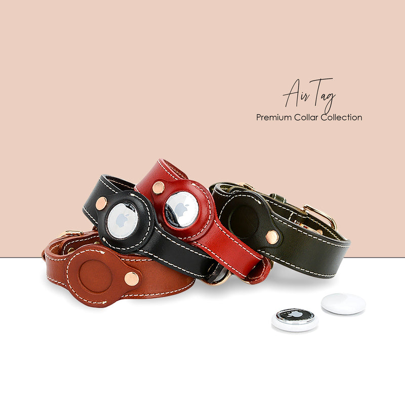 AirTag Holder Genuine Leather Thick Dog Collar in Red, Green, Black and Brown and Solid Pattern