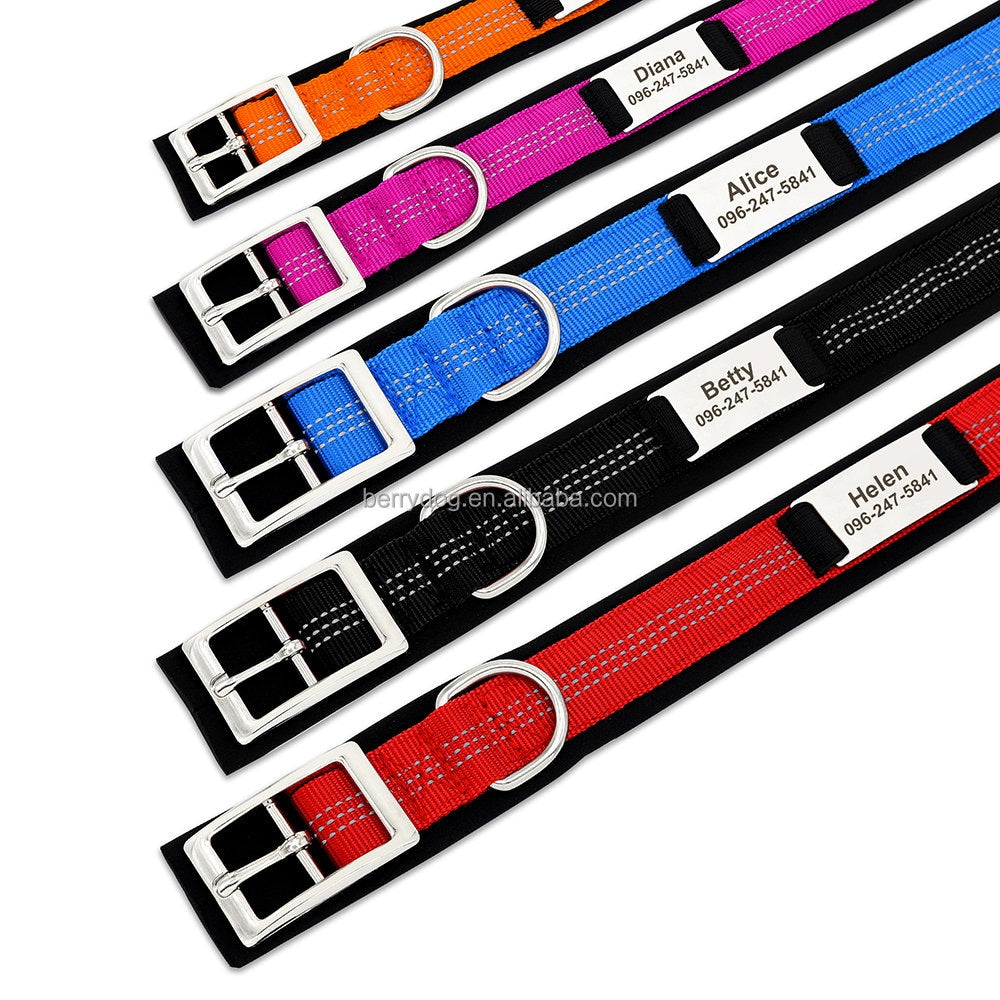 Personalized Engraved Handmade Dog Collar in Black, Red, Blue, Rose Red, Orange and Solid and Reflective Dash Pattern Trendy for All Seasons