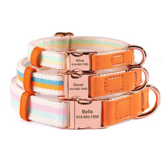 Personalized Engraved Handmade Nylon Leather Dog Collar and Leash Set in Blue, Pink, Green and Colorful Stripe Pattern