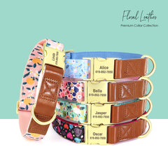 Personalized Dog Collar in Brown Leather and Pink, Green, Blue, Purple, Orange and Heart and Floral Pattern, Trendy Style for All Seasons