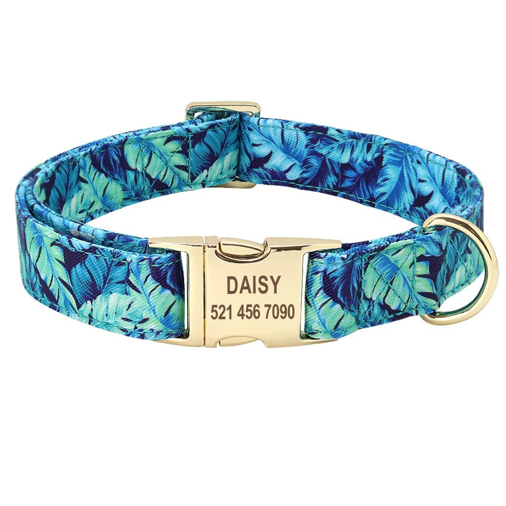 Personalized Engraved Handmade Dog Collar in Blue and Elegant Leaf Pattern, Trendy Style for All Seasons
