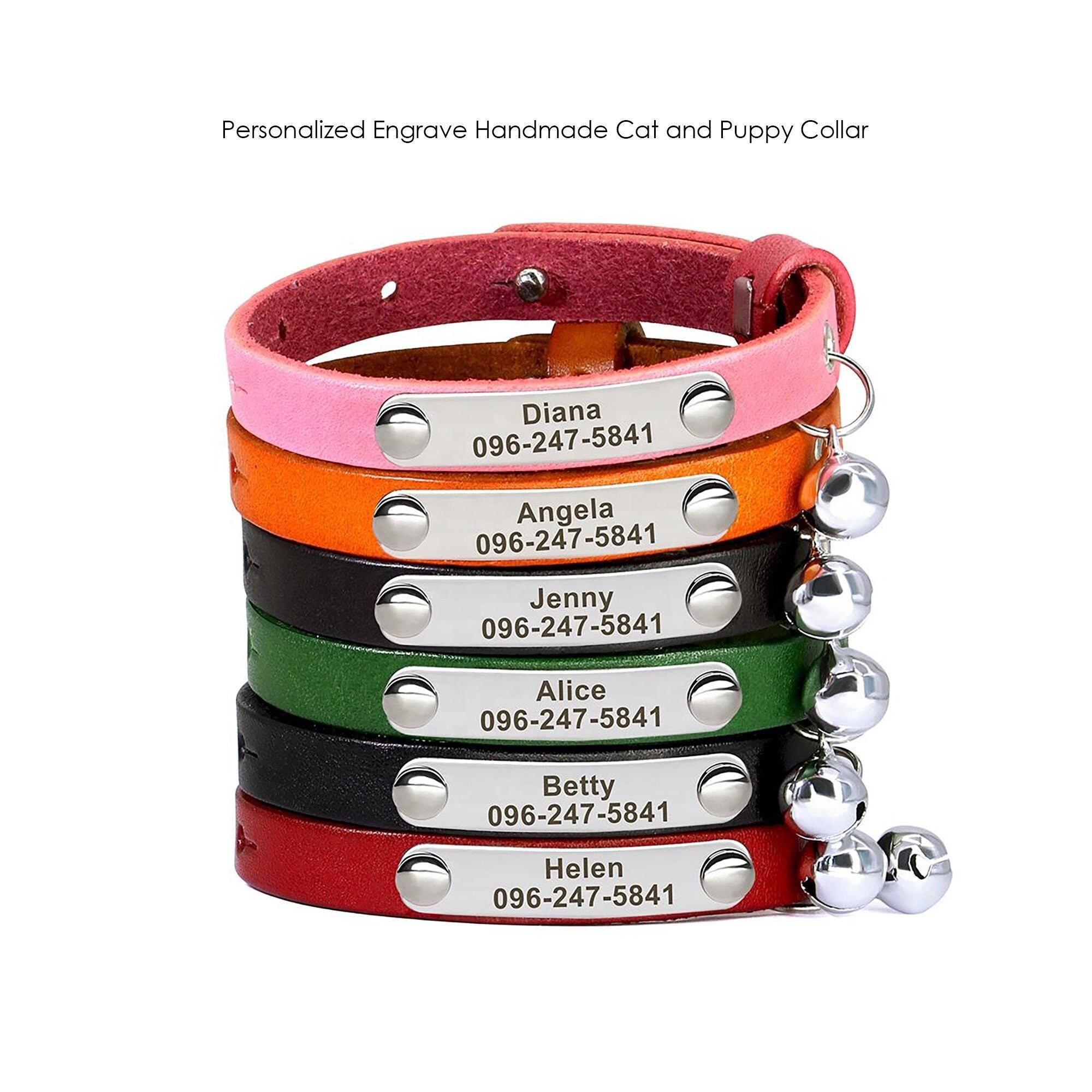 Personalized Engraved Handmade Genuine Leather Cat and Puppy Collar in Black, Green, Red, Yellow, Pink, Brown and Solid Pattern with Bell