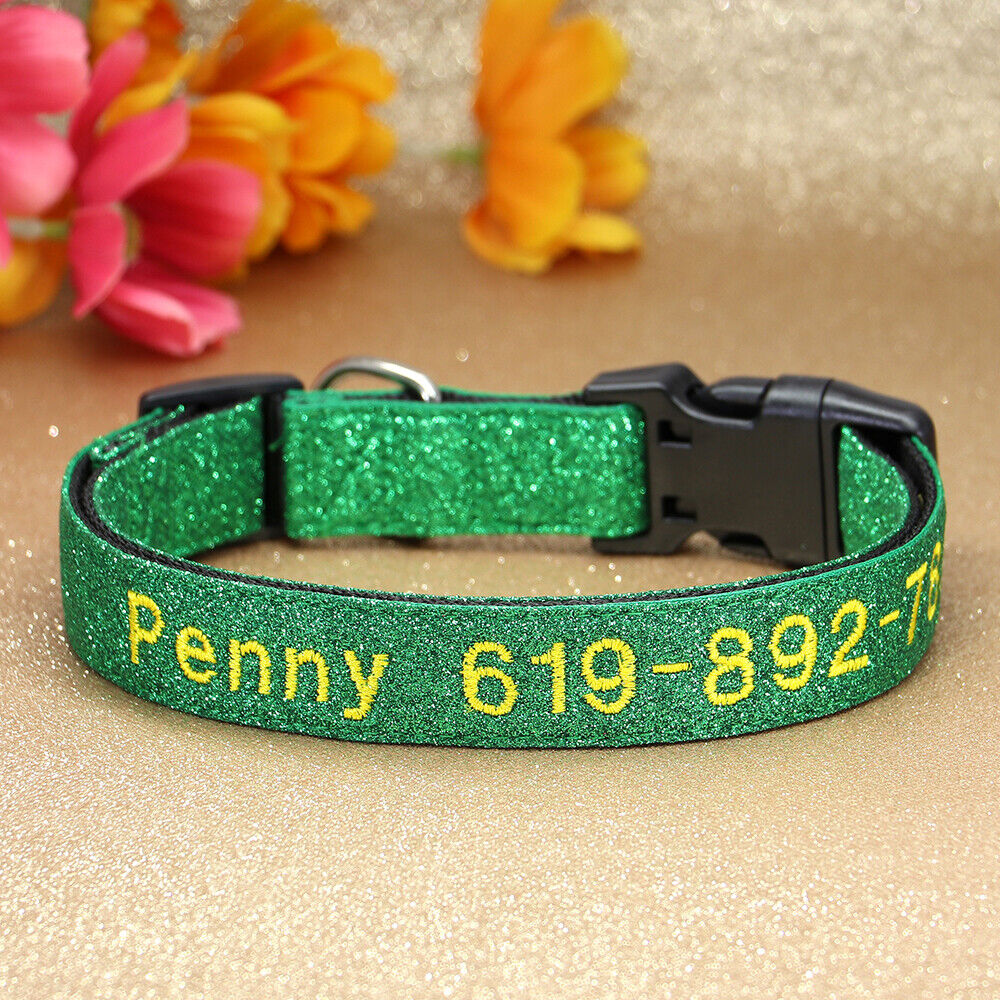 Personalised Dog Collar Nylon Adjustable Embroidered Sparkle Pet Accessories
